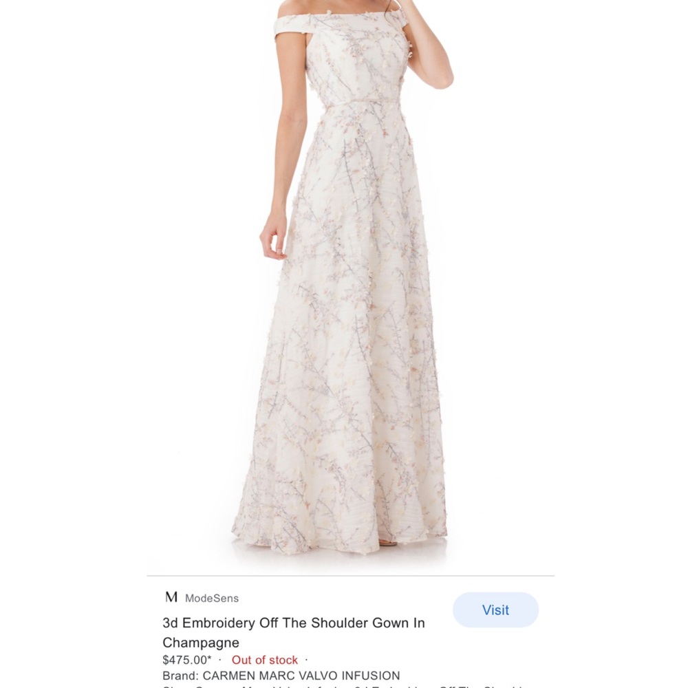 NWT Carmen Marc Valvo: 3D Embroidery Shoulder Gown